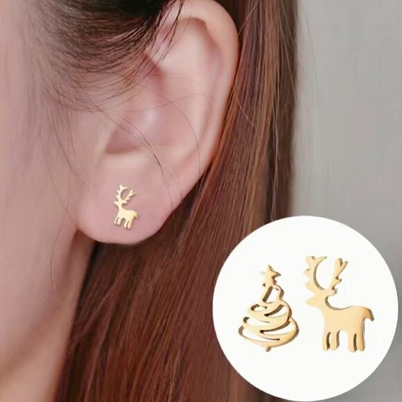 Tiny Reindeer and Christmas Tree Stainless Steel Stud Small Earrings #1144 - Picture 3 of 9